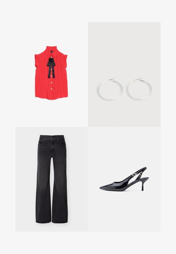 Rote Bluse mit kurzen Ärmeln, hoch geschlossenem Kragen, gerüschten Kanten, Knopfverschluss vorne und einem schwarzen Stoffrose-Akzent am Hals.; Schwarze Jeans mit hoher Taille und weitem Bein, versehen mit vorderer Knopfleiste, Reißverschluss, Gürtelschlaufen und Fünf-Taschen-Design vor einem einfarbigen Hintergrund.; Schwarzer Slingback-Schuh aus Lackleder mit spitzer Spitze, verstellbarem Schnallenriemen und schlankem, hohem Absatz. Verfügt über seitliche offene Ausschnittdesigns.; Paar glänzende silberne Creolen mit dünnen Drahtverschlüssen, dargestellt vor einem hellgrauen Hintergrund.