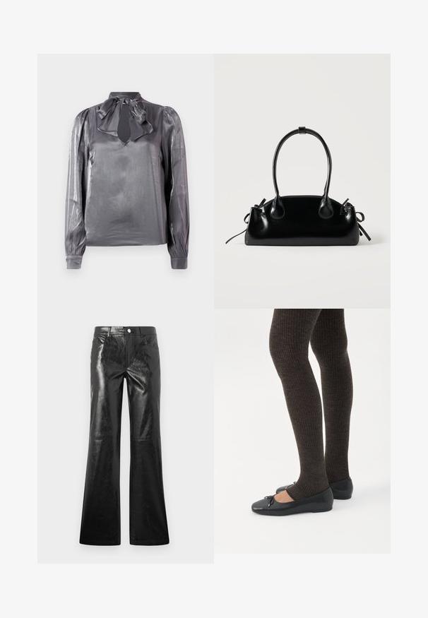 Blouse grise en satin avec un col en noeud, découpe en forme de clé, et manches longues avec des poignets élastiques. Texture lisse et léger éclat.; Pantalons évasés noirs en simili cuir brillant avec une texture lisse, présentant une fermeture à bouton et un design classique à cinq poches.; Jambes portant des leggings côtelés foncés associés à des ballerines noires avec de petits détails en nœud sur fond blanc.; Petit sac à main noir brillant avec deux longues anses et des détails à cordon sur les côtés sur un fond clair uni.