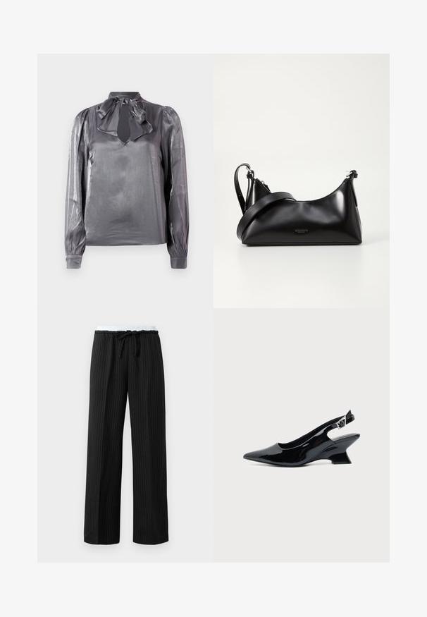 Blouse grise en satin avec un col en noeud, découpe en forme de clé, et manches longues avec des poignets élastiques. Texture lisse et léger éclat.; Pantalons larges à rayures noires avec taille élastique blanche et cordon noir à la taille.; Chaussure slingback en cuir verni noir avec bout pointu et petit talon bloc incliné sur fond clair uni.; Sac à main en cuir noir avec une texture lisse. Dispose d'une bandoulière adjustable et d'un design élégant et minimaliste avec une fermeture éclair.