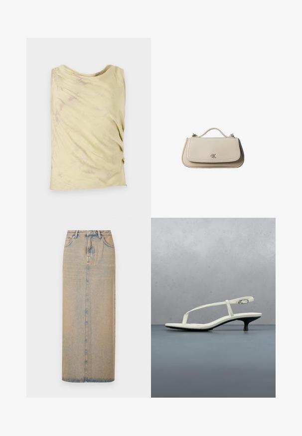 Haut sans manches jaune clair avec un design drapé et une texture marbrée subtile. Présente une coupe décontractée et un col rond.; Une longue jupe en denim bleu clair avec une coupe droite. Comprend cinq poches, des passants de ceinture et un multiplicateur de boutons à l'avant. Texture décolorée sur toute la surface.; Sandale blanche à talon kitten avec des lanières et un bout pointu, flottant au-dessus d'un sol en carrelage en bois en plein air avec un arrière-plan flou de plante et de mur.; Petit sac à main en cuir beige avec poignée supérieure et logo CK argenté sur le rabat avant, présenté sur fond blanc.
