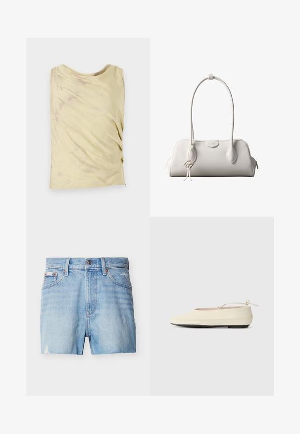 Haut sans manches jaune clair avec un design drapé et une texture marbrée subtile. Présente une coupe décontractée et un col rond.; Short en jean denim bleu clair avec bouton à l'avant, passants pour ceinture, deux poches avant et légers détails usés sur les côtés et l'ourlet.; Des chaussures plates de couleur crème avec un bout arrondi, une sangle à la cheville et une semelle en caoutchouc noir contrastante. Matériau lisse avec un detailing minimal.; Sac à bandoulière blanc Calvin Klein avec longues poignées, forme rectangulaire, fermeture éclair et charm logo décoratif suspendu près de la poignée.
