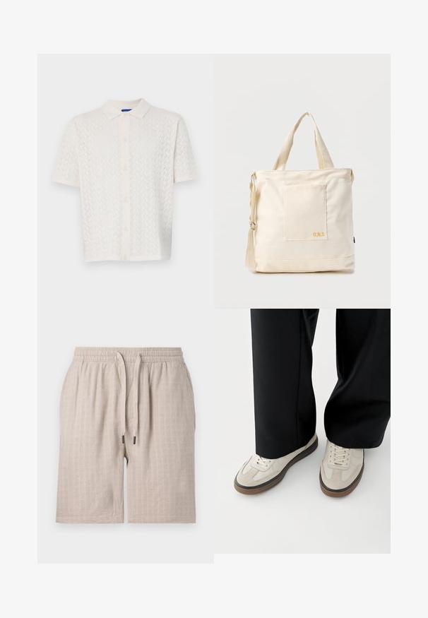 Kortærmet poloshirt i off-white, med et struktureret mønster, knaplukning foran og klassisk kravedesign.; Beige, strukturerede shorts med elastisk talje og snore. Har et subtilt ternet mønster og løs pasform. Ingen lommer synlige.; Fødder iført beige sneakers med brune såler og sorte bukser med vide ben på hvid baggrund.; Kremfarvet lærredstote-taske med frontlomme, to håndtag, justerbar skulderrem og lille gul "O.N.S" tekst i nederste højre hjørne af lommen.