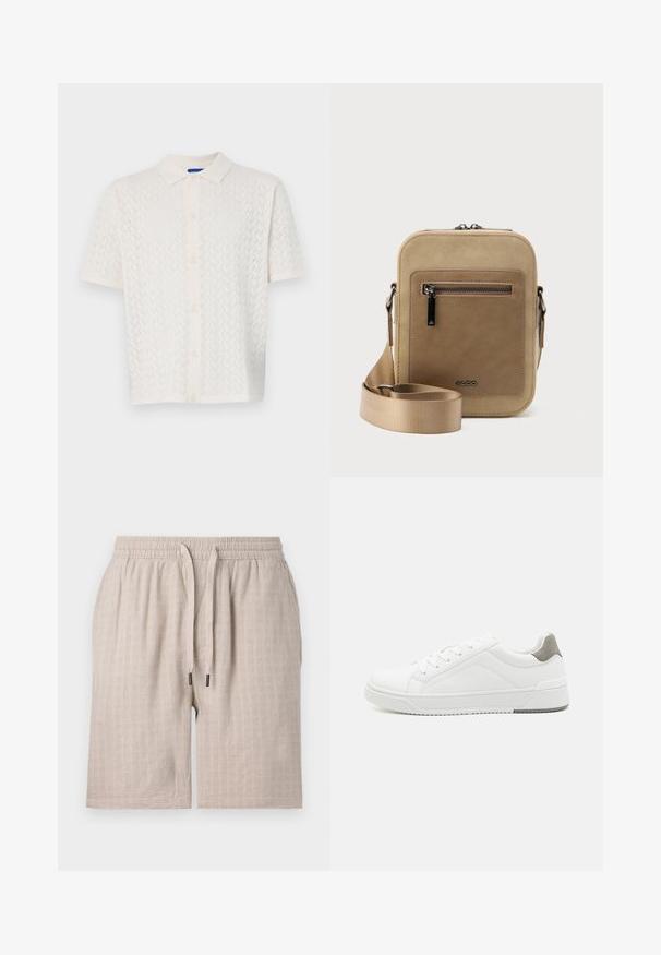 Korte mouw polo in off-white, met een textuurpatroon, knoopsluiting aan de voorkant en een klassiek kraagontwerp.; Beige, geweven shorts met een elastische tailleband en trekkoord. Heeft een subtiel ruitpatroon en een losse pasvorm. Geen zichtbare zakken.; Witte sneaker van glad leer met een ronde neus, minimalistisch ontwerp, grijze hielaccent en een geplaatste rubberen zool.; Kleine beige crossbodytas met een voorvak met ritssluiting, metalen ALDO-logo, verstelbare brede band en afgeronde rechthoekige vorm op een witte achtergrond.