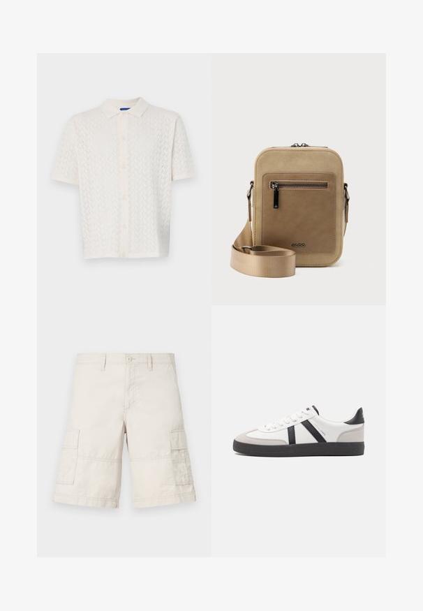 Korte mouw polo in off-white, met een textuurpatroon, knoopsluiting aan de voorkant en een klassiek kraagontwerp.; Beige cargoshorts van lichtgewicht katoen, met twee zijzakken, een knoopsluiting aan de voorkant en stikseldetails.; Witte sneaker met zwarte en grijze accenten, voorzien van een grijze neus met textuur, zwarte rubberen zool en platte witte veters. Schoon ontwerp, minimalistische stijl.; Kleine beige crossbodytas met een voorvak met ritssluiting, metalen ALDO-logo, verstelbare brede band en afgeronde rechthoekige vorm op een witte achtergrond.