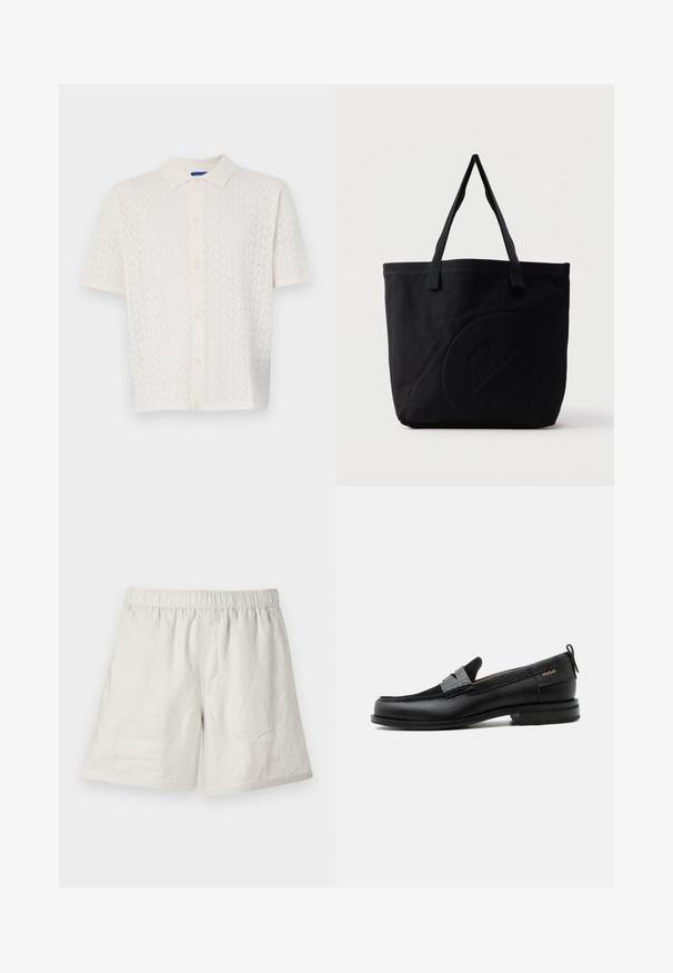 Korte mouw polo in off-white, met een textuurpatroon, knoopsluiting aan de voorkant en een klassiek kraagontwerp.; Licht beige linnen shorts met een elastische tailleband, met een relaxed fit en minimale naden voor een eenvoudig, casual ontwerp.; Zwarte leren loafer met grijs riemdetailelement, lage hak en gestructureerde zool, aan de zijkant gebrandmerkt met "HUGO" in goud.; Zwarte canvas tas met twee schouderbanden en een subtiel, ingebosseleerd cirkelvormig ontwerp aan de voorkant.