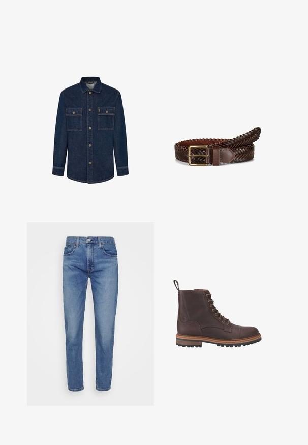 Tummansininen farkkutakki pitkillä hihoilla, kahdella rintataskulla ja nappisuljennalla. Korostaa kontrastivärisiä tikkejä ja kauluksellista kaula-aukkoa.; Levi's® 502™ TAPER HI BALL - Slim fit -farkut - dolf bombay adv; Ruskeat nahkaiset nauhalliset nilkkurit, joissa on teksturoidu pintaviimeistely, kontrastiväriset beiget pohjat ja metalliset kengännauhan reiät. Varustettu vetoluupilla helppoon pukeutumiseen.; Tumma ruskea punottu nahkavyö messinkisellä suorakaiteen muotoisella soljella, joka on kieritelty solkilenkissä yksityiskohtaisin tikatuin saumin valkoista taustaa vasten.