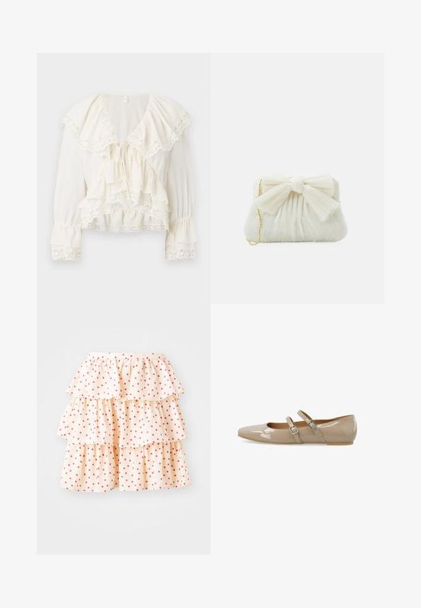 Witte blouse met een gelaagd, ruchesontwerp, kantafwerking op de mouwen en onderrand, en een V-halslijn met een trekkoordsluiting.; Gerimpelde rok in lichtcrème stof met rode stippen. Bevat drie lagen ruches aan de zoom en een elastische tailleband.; Beige platte schoen van lakleer met een puntige neus en twee verstelbare gespsluitingen over de wreef.; Witte geplooide clutchtas met een opvallende strikdetail en een gouden kettinghengsel. Zachte textuur met een geplooid ontwerp aan de voorkant.