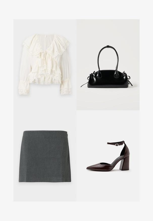 Witte blouse met een gelaagd, ruchesontwerp, kantafwerking op de mouwen en onderrand, en een V-halslijn met een trekkoordsluiting.; Zwart-wit geblokte rok gemaakt van stof met een gladde textuur. Heeft een rechte silhouette en een ritssluiting aan de zijkant.; Donkerbruine leren pumps met puntige neus, hoge hak, enkelbandje en zilveren gesp op een witte achtergrond.; Kleine zwarte glanzende handtas met twee lange hengsels en zijkant trekkoord details op een effen lichte achtergrond.