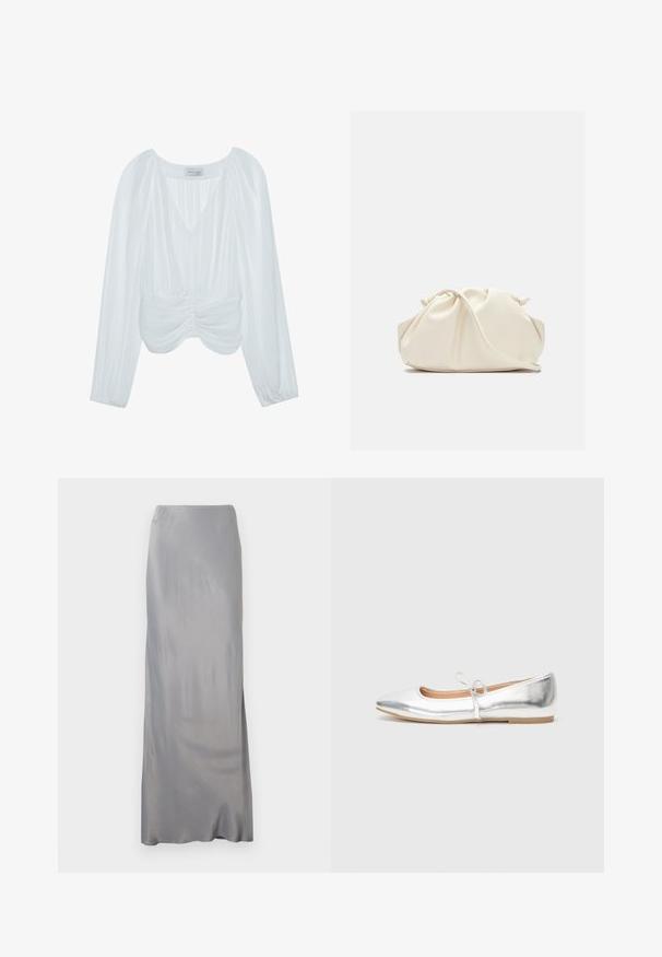 Witte blouse met lange mouwen, V-hals, geplooide textuur, plooien in de taille en elastische manchetten. Merkenlabel zichtbaar aan de binnenkant.; Lange, gladde, zilvergrijze satijnen rok met een rechte snit en subtiele glans, plat gelegd op een witte achtergrond.; Zilveren platte schoen met een spitse neus, gemaakt van metallic synthetisch materiaal. Bevat een dunne band met een decoratieve strik. Glad oppervlak.; Zachte, crèmekleurige leren clutch met geplooid, gerimpeld ontwerp en een dunne schouderriem die vooraan op een effen achtergrond ligt.