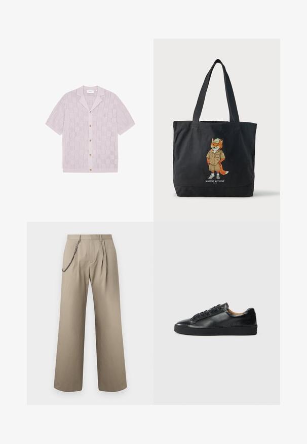 Cardigan tricoté lavande à manches courtes avec motif à carreaux ajouré, boutonnage sur le devant et col cranté.; Pantalon beige à jambes larges avec plis à l'avant et une chaîne métallique attachée au passant de ceinture gauche pour le style.; Baskets en cuir noir avec une texture lisse, bout rond et fermeture à lacets. Comprend une semelle en caoutchouc épaisse et un minimum de détails de marque.; Sac fourre-tout noir avec deux anses, présentant une illustration d'un renard portant un chapeau et un short, avec le texte « Maison Kitsuné Paris » en dessous.