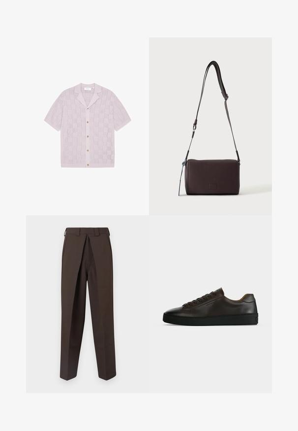 Cardigan tricoté lavande à manches courtes avec motif à carreaux ajouré, boutonnage sur le devant et col cranté.; BLUEMARBLE WORK PANT - Pantalon classique - brown; Baskets basses en cuir marron foncé avec semelle en caoutchouc noire, lacets à l'avant et design minimaliste épuré sur fond clair.; Sac bandoulière en cuir marron foncé texturé avec une sangle réglable et un petit accent décoratif bleu sur le côté.
