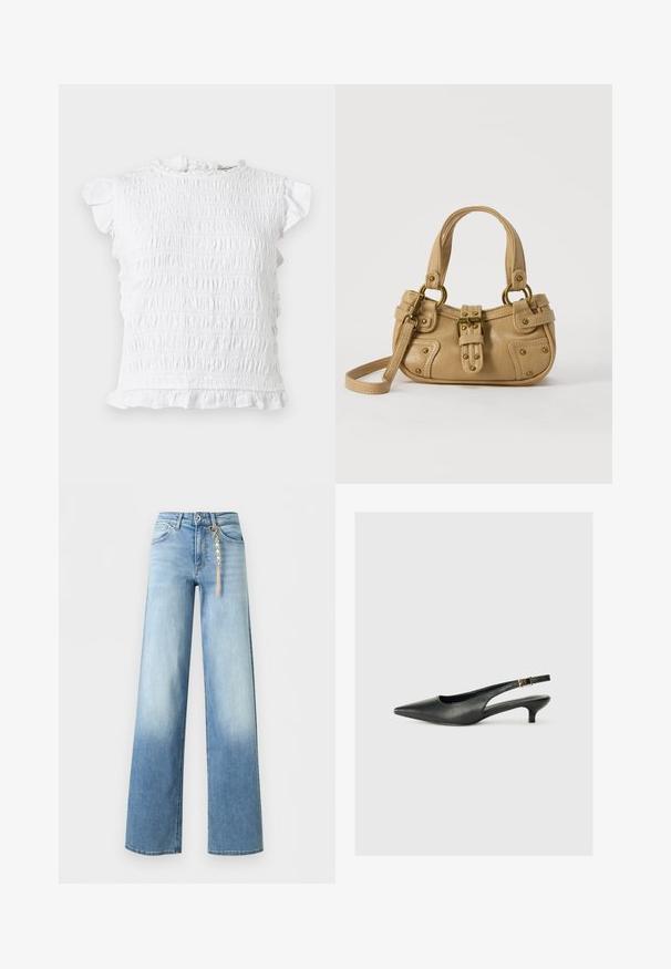 Haut blanc à manches courtes avec smocks, col, manches et ourlet à volants, présenté à plat sur un fond clair.; Jean bleu clair à jambes larges avec décoloration aux cuisses, style cinq poches, fermeture par bouton et zip, et un accessoire chaîne dorée suspendu à une boucle de ceinture.; Chaussure slingback noire à bout pointu en cuir lisse. Présente un talon fin et un détail de boucle sur la sangle réglable.; Sac à main en cuir beige avec double poignées, boucle en laiton et détails rivetés, ainsi qu'une bandoulière réglable sur fond blanc.