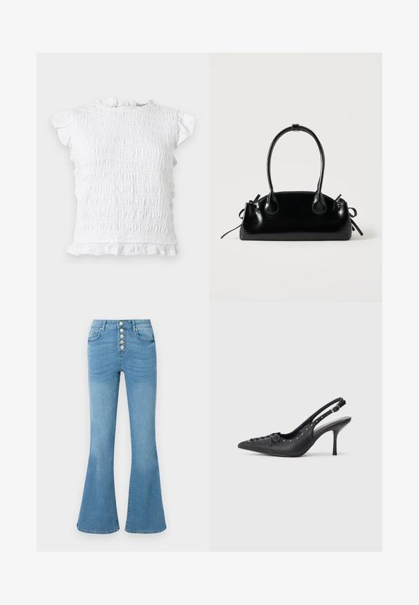 Haut blanc à manches courtes avec smocks, col, manches et ourlet à volants, présenté à plat sur un fond clair.; Jeans évasés bleu clair en denim, dotés d'une taille haute, d'une braguette à cinq boutons et d'un léger délavage à l'avant pour la texture.; Escarpin en cuir noir à talon aiguille avec un bout pointu, une bride latérale à boucle, des clous le long du bord et un laçage décoratif à l'avant.; Petit sac à main noir brillant avec deux longues anses et des détails à cordon sur les côtés sur un fond clair uni.