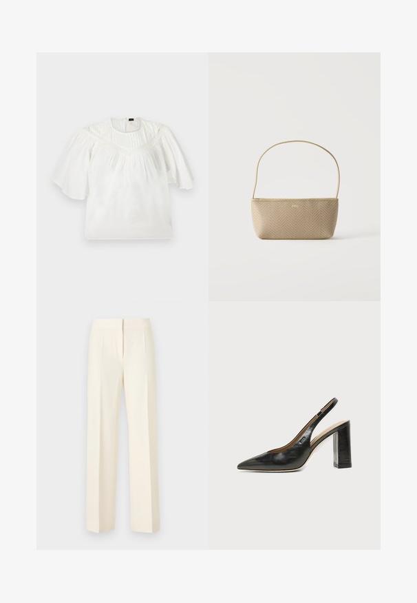 Blouse blanche avec manches larges mi-coude, détail en dentelle sur la poitrine et tissu plissé sur le haut devant.; Pantalon droit sur mesure couleur blanc cassé avec pli avant, ceinture et fermeture avant dissimulée sur un fond uni.; Chaussure slingback en cuir noir à bout pointu avec un talon bloc haut et une doublure intérieure beige sur un fond clair uni.; Sac à main tissé beige avec fine bandoulière et petit logo doré "BOSS" à l'avant, présenté sur fond blanc uni.