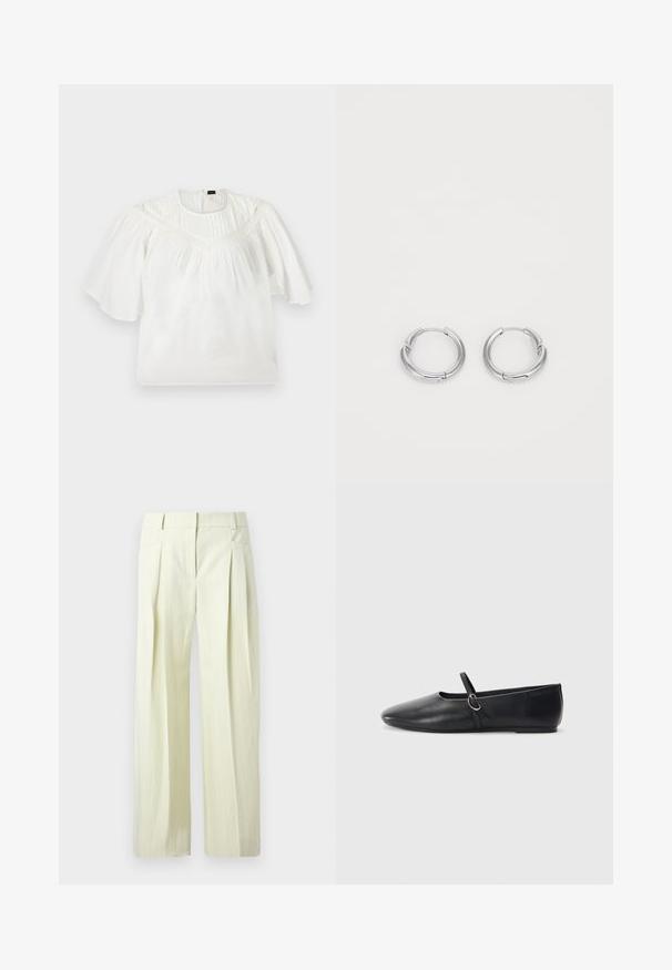 Blouse blanche avec manches larges mi-coude, détail en dentelle sur la poitrine et tissu plissé sur le haut devant.; Pantalon ample couleur crème avec fines rayures verticales, plis à l'avant, poches latérales, et passants pour ceinture.; Ballerines noires en cuir avec un bout pointu, une semelle plate et une petite sangle avec un détail de boucle en argent.; Boucles d'oreilles en argent en forme de rond, avec une finition lisse et polie. Éléments circulaires avec un petit fermoir pour la fermeture. Design minimaliste, léger.