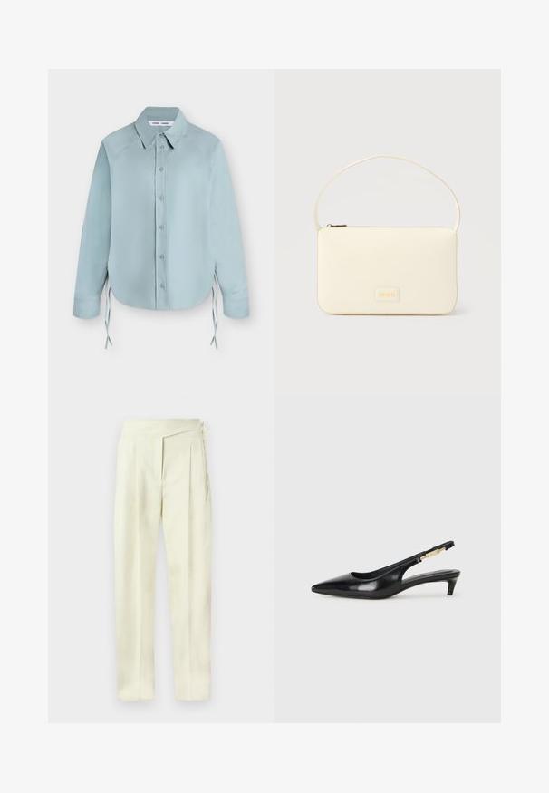 Chemise bleu clair à manches longues boutonnée avec col pointu et liens latéraux, présentée à plat sur fond blanc.; Pantalon taille haute couleur crème, coupe ajustée avec plis, fermeture latérale et jambes droites, sur fond uni.; Talons hauts en cuir noir avec un bout pointu, dotés d'un talon fin et d'un accent en ton or sur la lanière réglable. Texture lisse.; Sac à main rectangulaire de couleur crème avec une seule sangle et une fermeture éclair sur le dessus, comportant une petite plaque de logo embossé à l'avant.