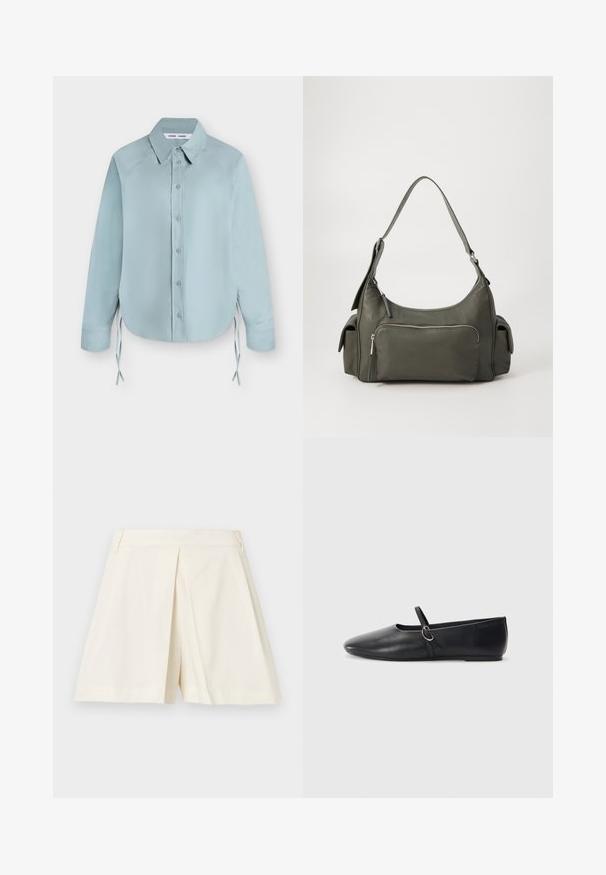 Chemise bleu clair à manches longues boutonnée avec col pointu et liens latéraux, présentée à plat sur fond blanc.; Shorts ajustés couleur crème avec pli devant et passants de ceinture, présentés sur fond blanc.; Ballerines noires en cuir avec un bout pointu, une semelle plate et une petite sangle avec un détail de boucle en argent.; Sac à épaule en cuir vert avec un design arrondi, poche zippée à l'avant et poches supplémentaires sur les côtés. Texture lisse et matériel minimal.