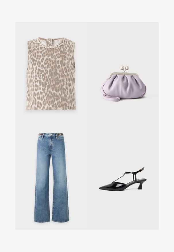 Haut beige sans manches avec imprimé léopard gris, col rond orné d’embellissements argentés en forme de feuilles, et fermeture par boutons dans le dos.; Jean denim bleu taille haute à jambes larges avec fermeture par bouton et zip, poches avant et passants de ceinture marron.; Chaussure slingback en cuir verni noir à bout pointu avec bride en T et petit talon bloc incliné sur fond blanc.; Pochette lavande douce avec tissu froncé, fermoir kiss-lock argenté et bracelet assorti sur un fond clair uni.