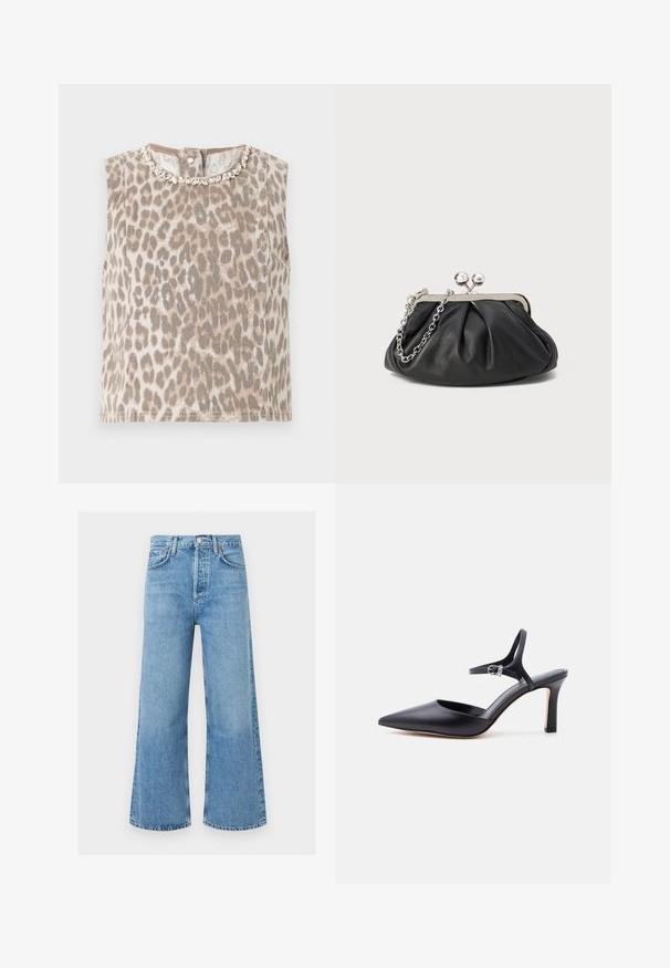 Haut beige sans manches avec imprimé léopard gris, col rond orné d’embellissements argentés en forme de feuilles, et fermeture par boutons dans le dos.; Jean en denim bleu clair taille haute à jambes larges avec bouton devant et poches, présenté sur un fond blanc uni.; Escarpin noir à bout pointu avec fine bride à la cheville et boucle argentée, finition en cuir lisse, chaussure élégante pour femme.; Porte-monnaie en cuir noir avec texture froncée, cadre en métal argenté, fermeture à verrouillage kiss-lock et bandoulière en chaîne. Surface lisse et douce.