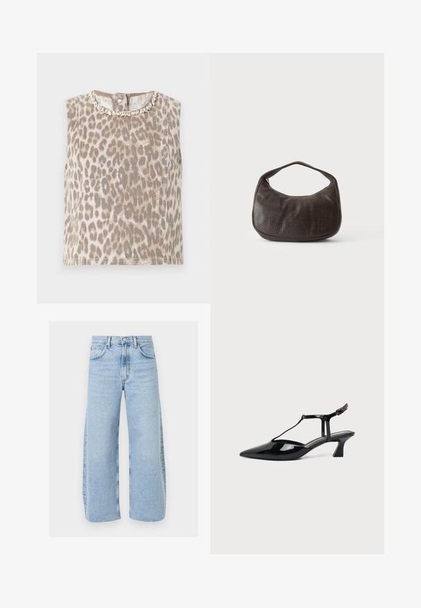 Haut beige sans manches avec imprimé léopard gris, col rond orné d’embellissements argentés en forme de feuilles, et fermeture par boutons dans le dos.; Jean bleu clair taille haute à jambes larges avec poches devant et derrière, fermeture à bouton et coutures visibles.; Chaussure slingback en cuir verni noir à bout pointu avec bride en T et petit talon bloc incliné sur fond blanc.; Petit sac à main marron foncé texturé avec une courte bandoulière et un fond arrondi sur un fond clair uni.
