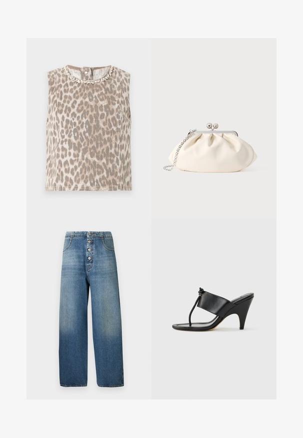 Haut beige sans manches avec imprimé léopard gris, col rond orné d’embellissements argentés en forme de feuilles, et fermeture par boutons dans le dos.; Jean en denim bleu clair à jambes larges avec fermeture à cinq boutons, taille haute et poches classiques. Décoloration progressive de haut en bas. Pas de motifs.; Sandale noire à talon haut avec une large bride avant et une boucle d'orteil dotée d'un détail de corde nouée, vue de profil sur fond blanc.; Pochette en tissu crème avec un design froncé, cadre en métal argenté, deux boules décoratives, et une bandoulière chaîne argentée.