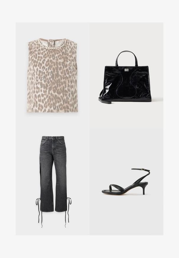 Haut beige sans manches avec imprimé léopard gris, col rond orné d’embellissements argentés en forme de feuilles, et fermeture par boutons dans le dos.; Jean noir délavé taille haute avec jambes droites, poches avant et fentes latérales nouées avec de longues ficelles aux ourlets sur un fond uni.; Sandale pour femme en cuir noir avec fines lanières, une boucle d'orteil, une boucle à la cheville et un talon aiguille de hauteur moyenne sur un fond neutre.; Sac à main en cuir noir brillant avec poignées courtes, bandoulière amovible et détails de couture discrètement courbés à l’avant.