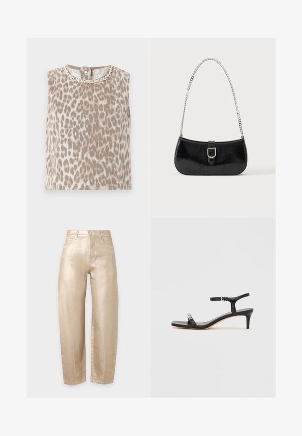 Haut beige sans manches avec imprimé léopard gris, col rond orné d’embellissements argentés en forme de feuilles, et fermeture par boutons dans le dos.; Pantalon taille haute, jambes droites, en tissu beige brillant avec poches avant, passants de ceinture et fermeture par bouton à l'avant.; Sandale noire en cuir à talon avec bride à la cheville, bout ouvert, devant carré et accent en métal argenté. Design ajusté avec un profil élégant.; Sac à épaule en cuir verni noir avec détail de boucle argentée et bandoulière en chaîne argentée, présenté sur un fond uni clair.