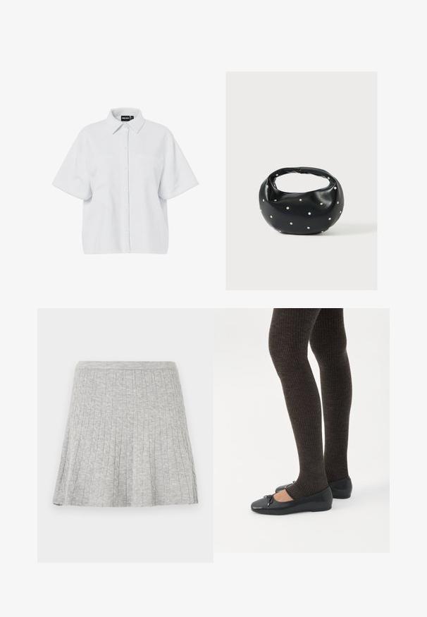 Chemise blanche à manches courtes avec boutons, col pointu et deux poches poitrine, étiquetée "PIECES" à l'intérieur du col.; Jupe tricotée gris clair avec un motif torsadé, courte et légèrement évasée sur un fond uni.; Jambes portant des leggings côtelés foncés associés à des ballerines noires avec de petits détails en nœud sur fond blanc.; Sac à main en cuir noir de forme arrondie, décoré de clous argentés et équipé d'une poignée courte. Texture lisse et fermeture éclair.