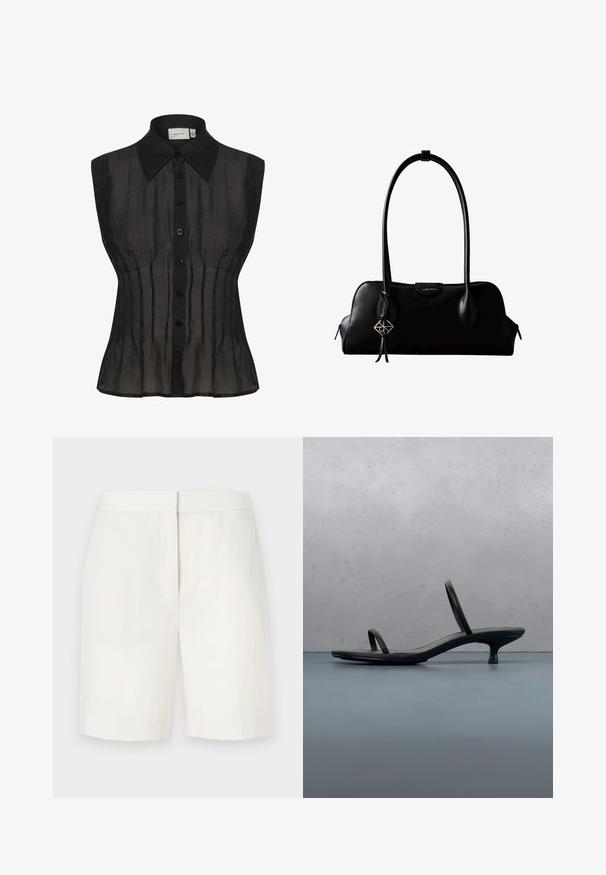 Sort ærmeløs bluse med klassisk krave, der har et gennemsigtigt stof, lodrette plisseringer og en frontlukning med sorte knapper.; Hvide bomulds shorts med lige snit, flad front og subtil tekstur. Har en taljebånd og ingen synlige lommer. Enkel design.; Sort Calvin Klein sandal med hæl og tynde stropper, balancerende på træfliser udendørs nær en væg og grønne planter.; Sort lædertaske fra Calvin Klein med lange håndtag, en forside-logo-tag og en sølv geometrisk vedhæng, der hænger fra det ene håndtag.