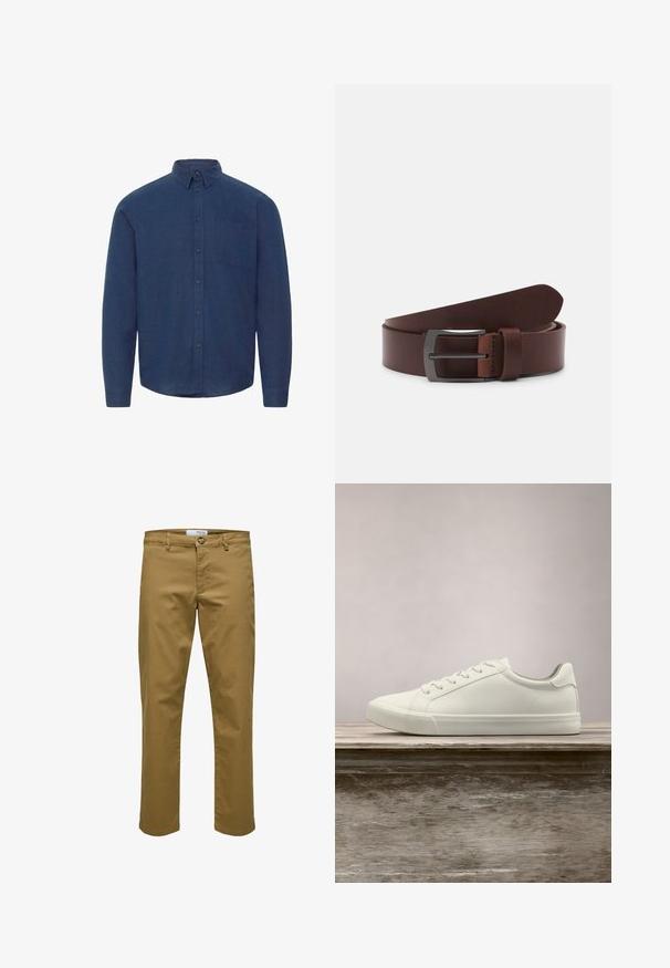 Chemise à manches longues bleu marine avec col, poche poitrine et boutons, design uni sur fond blanc.; Pantalon chino kaki coupe droite pour homme avec passants de ceinture, bouton devant et fermeture éclair, présenté sur fond blanc uni.; Sneaker en dentelle blanche flottant au-dessus d'un banc en bois avec un feuillage vert en arrière-plan, mettant en valeur le design et la texture de la chaussure.; Ceinture en cuir brun avec une texture lisse, dotée d'une pointe courbée et d'une boucle métallique rectangulaire au fini sombre.