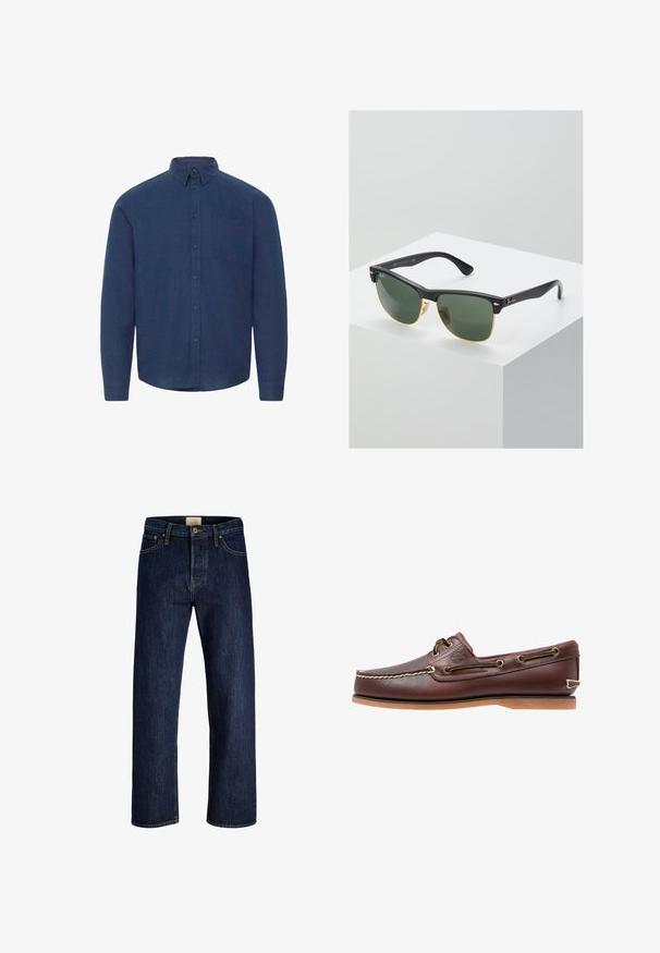 Chemise à manches longues bleu marine avec col, poche poitrine et boutons, design uni sur fond blanc.; Jeans en denim bleu foncé à jambes droites avec bouton frontal, fermeture éclair et design à cinq poches, présentés à plat sur un fond blanc.; Chaussure bateau en cuir marron avec coutures blanches, détails de lacets et semelle en caoutchouc beige, vue de côté sur fond blanc.; Lunettes de soleil Ray-Ban avec des verres verts, monture en plastique noir et accents dorés sur les bords. Forme carrée avec une finition mate.