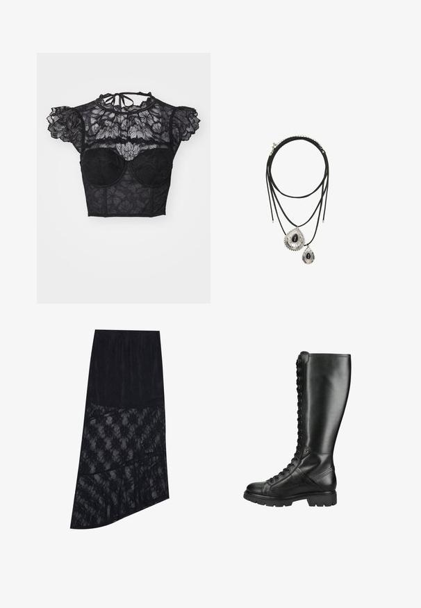LASCANA Blouse - black; Zwarte kanten rok met een gelaagd ontwerp met contrasterende ondoorzichtige en doorzichtige secties, en een vloeiende asymmetrische zoom.; Hoge zwarte leren veterlaars met dikke zool en ronde neus, ontworpen voor zowel stijl als duurzaamheid.; Dubbellaag zwarte koordketting met twee zilveren druppelvormige hangers, elk met een zwarte steen in het midden en versierde randen.