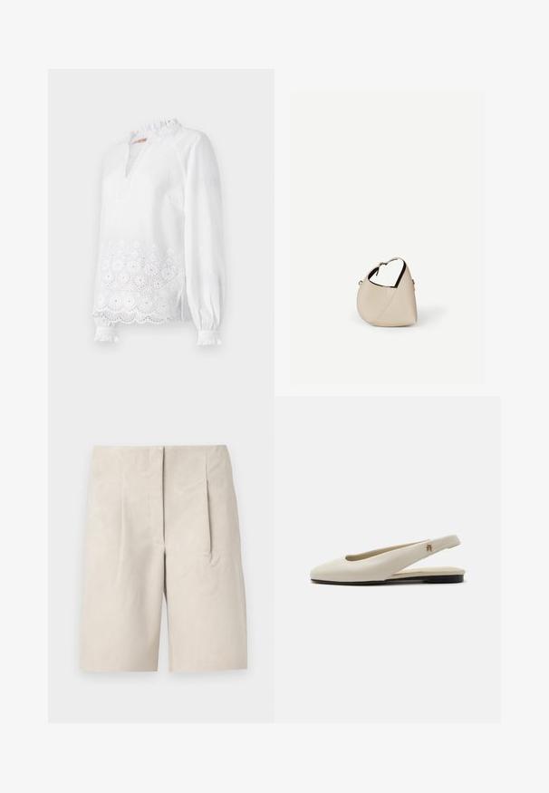 Weiße Bluse mit langen Ärmeln, die einen Rüschensaum hat, einen gestickten Blumendesign am Saum und feine, strukturierte Punkte aufweist.; Beige Wildleder-Shorts mit lockerer Passform, ausgestattet mit zwei Frontfalten und einem schlichten Bunddesign. Glatte Textur, in der Mitte des Oberschenkels.; cremefarbiger Lederslingback-Flachschuh mit rundem Zehenbereich und kleinem goldfarbenem Emblem am Riemen.; Beige Ledertasche in Halbmondform mit einem einzelnen Schulterriemen und minimaler Nahtgestaltung, vor einem schlichten weißen Hintergrund.