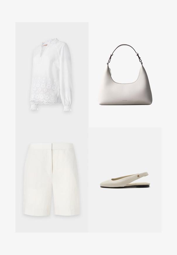 Blusa blanca de manga larga con cuello alto con volantes, diseño floral bordado en el dobladillo y sutiles puntos texturizados en toda la prenda.; Pantalones cortos de algodón blancos con un corte recto, frente plano y una textura sutil. Presentan una cintura y sin bolsillos visibles. Diseño simple.; Zapato plano slingback de cuero color crema con puntera redondeada y pequeño emblema dorado en la correa.; Bolso de hombro de cuero color crema de Calvin Klein con borde superior curvado, cremallera plateada y correa ajustable marrón oscuro.