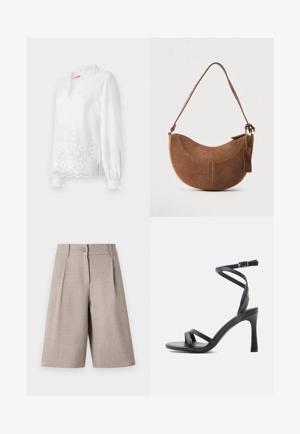 Weiße Bluse mit langen Ärmeln, die einen Rüschensaum hat, einen gestickten Blumendesign am Saum und feine, strukturierte Punkte aufweist.; Beige maßgeschneiderte Shorts mit Falten, mit einem Knopfverschluss und glatter Textur, entworfen für eine strukturierte, moderne Silhouette.; Schwarze Sandaletten mit hohem Absatz und schlankem Design, ausgestattet mit zwei schmalen Riemen über den Zehen und einem gekreuzten Knöchelriemen mit Schnalle.; Braune Wildleder-Handtasche mit geschwungener, halbmondförmiger Form. Verfügt über einen Schulterriemen, ein kleines Etikett und sichtbare Nähte entlang der Kanten.