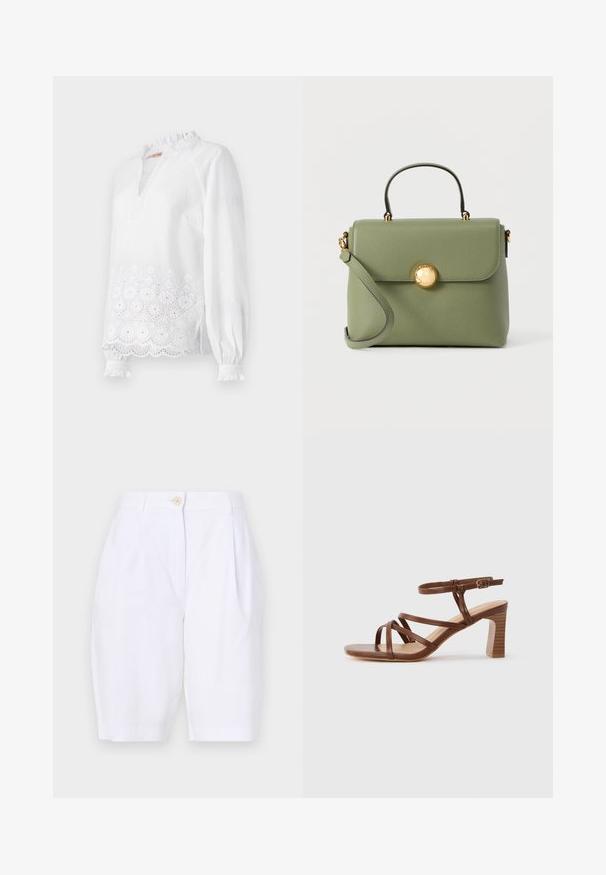 Weiße Bluse mit langen Ärmeln, die einen Rüschensaum hat, einen gestickten Blumendesign am Saum und feine, strukturierte Punkte aufweist.; Weiße, knielange Shorts aus leichtem Stoff mit plissierter Vorderseite und einem einzigen Holzknopfverschluss an der Taille.; Braune Ledersandale mit Riemchen, Blockabsatz und verstellbarer Schnalle am Knöchel vor schlichtem hellem Hintergrund.; Grüne Lederhandtasche mit strukturiertem Design, goldfarbenen Beschlägen und einem oberen Griff. Verfügt über einen abnehmbaren Schulterriemen und eine vordere Klappe als Verschluss.