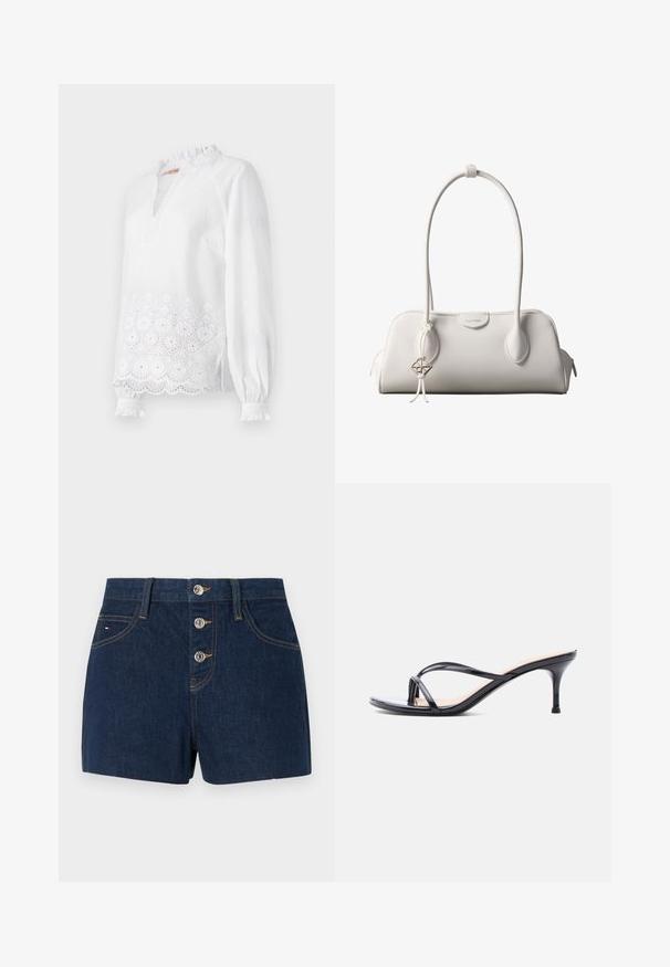 Weiße Bluse mit langen Ärmeln, die einen Rüschensaum hat, einen gestickten Blumendesign am Saum und feine, strukturierte Punkte aufweist.; Dunkelblaue Jeansshorts mit hoher Taille, ausgestattet mit drei metallischen Knöpfen, Taschen auf der Vorderseite und kontrastierendem gelben Nähgarn.; Schwarze Peeptoe-Sandale aus Lackleder mit dünnen, gekreuzten Riemen und einem schlanken, mittelhohen Stilettoabsatz vor weißem Hintergrund.; Weiße Calvin Klein Schultertasche mit langen Griffen, rechteckiger Form, Reißverschluss und dekorativem Logo-Anhänger, der in der Nähe des Griffs hängt.