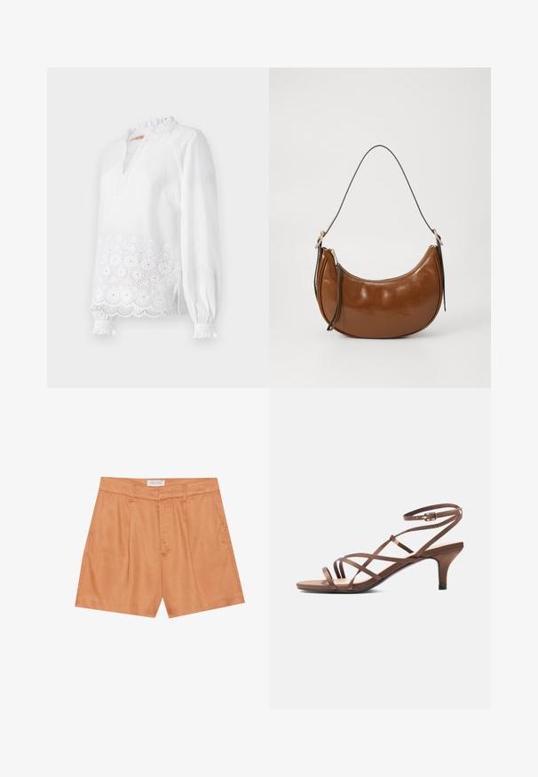 Weiße Bluse mit langen Ärmeln, die einen Rüschensaum hat, einen gestickten Blumendesign am Saum und feine, strukturierte Punkte aufweist.; Orange gefaltete Shorts aus glattem Stoff, mit einem Frontreißverschluss, Gürtelschlaufen und seitlichen Taschen. Das Etikett trägt die Aufschrift "ANNA FIELD."; Braune Sandale mit dünnen Riemen, einer Schnalle am Knöchel und mittelhohem Absatz, seitlich auf weißem Hintergrund gezeigt.; Braune Schultertasche aus Kunstleder mit geschwungenem Design, Reißverschluss und einem einzigen braunen Tragegurt. Glatte Textur mit glänzendem Finish und minimalem Hardware.