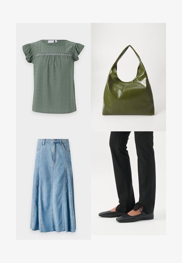Blouse verte à manches courtes en tissu léger texturé, présentant un motif avec des détails en œillets et des manches à volants.; Jupe en denim bleu clair au design évasé, avec une fermeture à bouton, des passants de ceinture et des détails de couture verticaux. Longueur mi-mollet.; Jambes vêtues d’un pantalon slim noir avec des fentes à l’avant de l’ourlet, assorties à des chaussures plates Mary Jane noires avec une petite bride à boucle.; Sac hobo en cuir vert au design décontracté, avec une poignée incurvée et une texture lisse. Ne contient aucun matériel ou accent visible.
