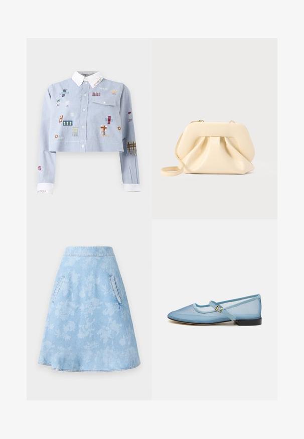 Chemise courte bleu clair avec col et poignets blancs, décorée de patchs brodés colorés et d'une poche poitrine avec rabat à bouton.; Jupe en denim évasée de couleur bleu clair avec un motif floral subtil, dotée de deux poches latérales et d'une finition lisse avec ourlet.; Chaussure plate Mary Jane bleu clair avec une tige en mailles, bout arrondi, sangle réglable avec boucle en or et un petit talon noir.; Pochette en cuir souple beige avec cadre structuré et détail plissé à l'avant, équipée d'une fine bandoulière pour poignet et d'une fermeture éclair dorée.
