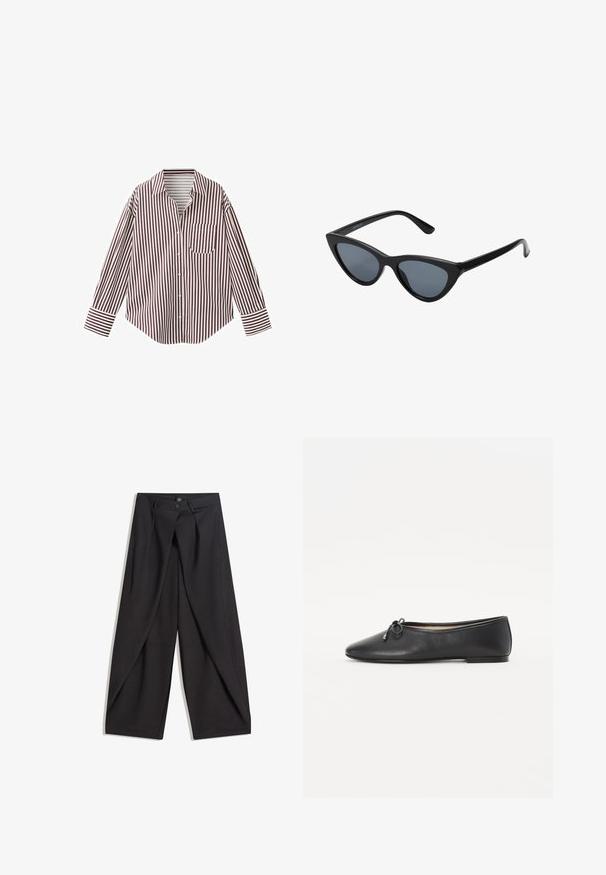 Chemise à manches longues avec boutons, rayures verticales bordeaux et blanches, col pointu, poche poitrine et poignets boutonnés.; Pantalon noir à jambes larges avec plis avant, deux boutons à la taille et poches latérales inclinées, présenté à plat sur fond blanc.; Ballerine en cuir noir avec un bout rond et un détail de nœud décoratif. Le design présente une texture lisse et un talon bas et plat.; Lunettes de soleil noires en forme d'œil de chat avec des verres gris foncé, monture en plastique élégante, coins pointus et branches droites. Pas de métal visible ni d'accents.