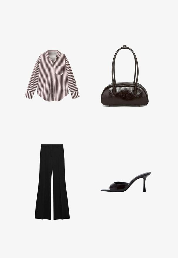 Chemise à manches longues avec boutons, rayures verticales bordeaux et blanches, col pointu, poche poitrine et poignets boutonnés.; Pantalon noir taille haute avec jambes évasées larges, passants de ceinture et pli avant, sur fond blanc.; Mules à talons hauts en cuir verni noir avec un bout carré et un design ouvert. Le talon est élancé et présente une finition brillante.; Sac à main en cuir brun craquelé, de forme ovale, avec deux poignées arrondies et des petits pieds en métal. Dispose d'une fermeture éclair sur le dessus.