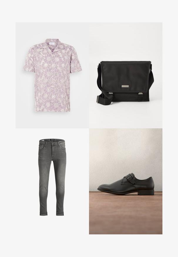 Kurzarmhemd in helllila mit floralem Muster, das weiße Gänseblümchen und eine Spitzenstruktur zeigt. Knopfverschluss vorne.; Graue Denim-Jeans mit schlanker Passform, mit umgeschlagenen Säumen, fünf Taschen und einem Knopfverschluss. Glatte Textur mit gewaschener Optik.; Schwarzer Lederschuh mit glatter Textur, abgerundeter Spitze, seitlichem Schnallendetail und niedrigem Absatz, über einer grauen Oberfläche positioniert.; Schwarze Umhängetasche aus Nylon mit matter Oberfläche. Verfügt über einen Klappenverschluss, einen verstellbaren Trageriemen und eine kleine Metall-Logo-Platte.