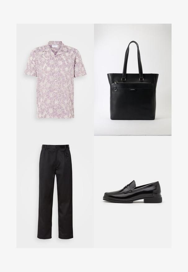 Camisa de manga corta en púrpura claro con un estampado floral, que presenta margaritas blancas y una textura de encaje. Cierre de botones en la parte delantera.; Pantalones negros de tela suave, con cierre delantero de botón, pliegues y patas rectas. Sin patrones ni acentos visibles.; Mocasines de cuero negro con punta redondeada, que presentan un detalle cosido a través del empeine y un tacón bajo y cuadrado. Textura suave y acabado brillante.; Bolso tote de piel negra texturizada con dos asas, bolsillo delantero con cremallera, anilla de metal y logo de Lacoste sobre fondo blanco.