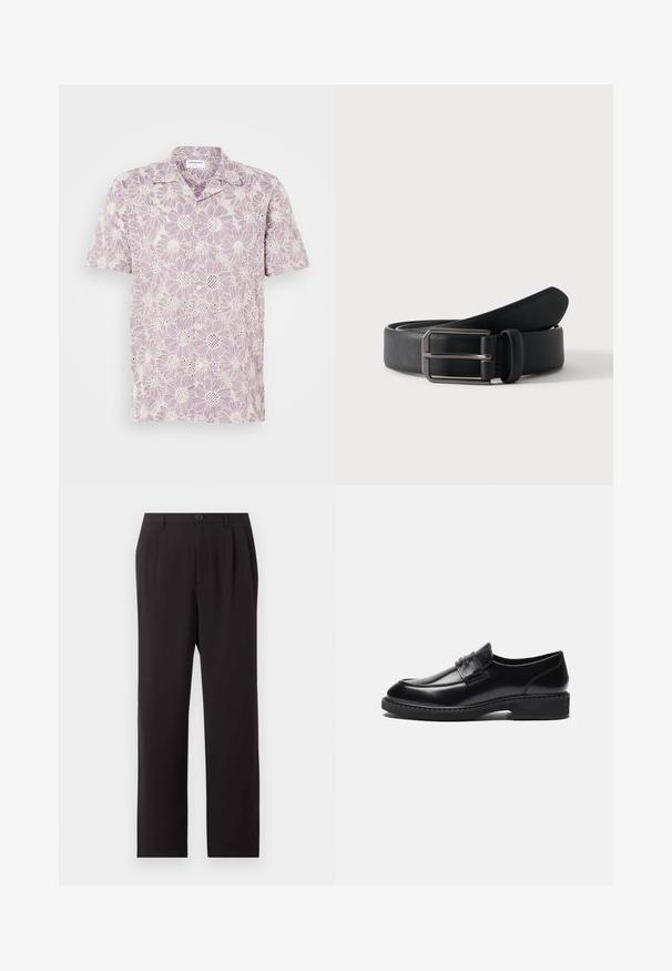 Camisa de manga corta en púrpura claro con un estampado floral, que presenta margaritas blancas y una textura de encaje. Cierre de botones en la parte delantera.; Pantalones negros de talle alto confeccionados a medida con pliegues, cierre de botones, trabillas para cinturón y piernas rectas sobre un fondo claro y liso.; Zign by Zalando LEATHER - Mocasines elegantes - black; Cinturón de cuero negro enrollado con hebilla rectangular de metal plateado sobre un fondo claro y sencillo.