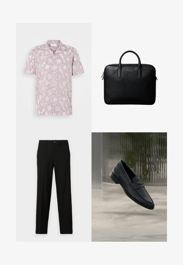 Camisa de manga corta en púrpura claro con un estampado floral, que presenta margaritas blancas y una textura de encaje. Cierre de botones en la parte delantera.; Pantalones negros de tejido suave, con un corte recto, cierre de botón en la cintura y sin patrones ni detalles visibles.; Zapato tipo mocasín de cuero negro con acabado liso, punta puntiaguda y detalles cosidos en la pala. Tacón bajo y diseño minimalista.; Maletín de cuero negro texturizado con doble asa y tiradores de cremallera plateados, centrado sobre fondo blanco.