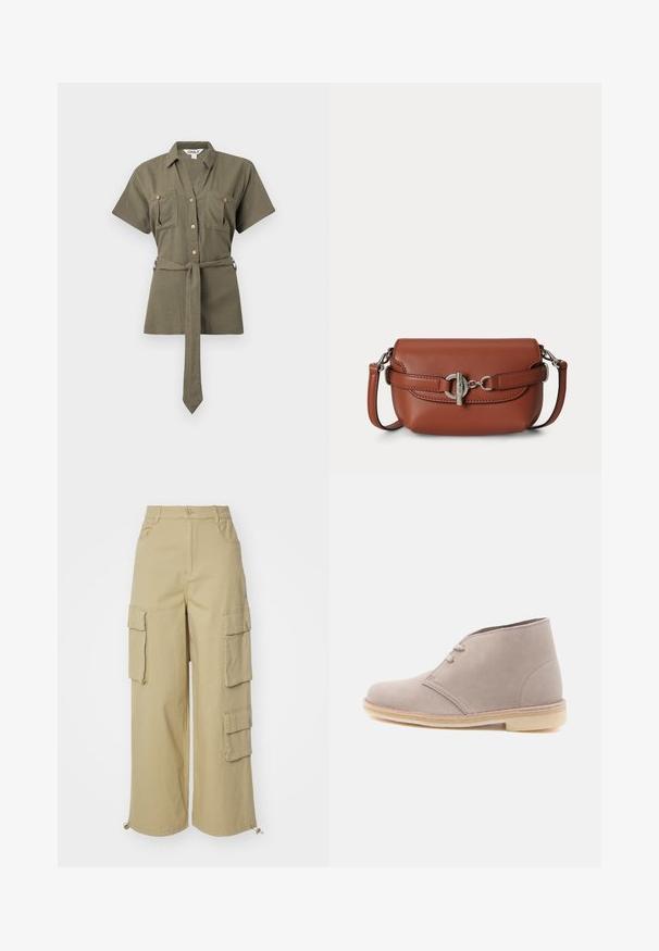 Chemise à manches courtes vert olive avec col, deux poches poitrine à boutons et ceinture à nouer assortie à la taille.; Pantalons cargo beiges avec jambes larges, deux grandes poches latérales, poches avant et un détail à cordon au bas. Tissu en mélange de coton.; Botte desert en daim beige clair avec deux œillets et semelle en crêpe, vue de profil sur un fond blanc uni.; Sac bandoulière en cuir marron avec fermoir argenté et sangle ajustable sur un fond clair uni.