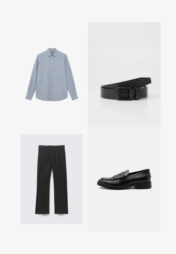 Mos Mosh Gallery Skjorter - light blue; Sort stribede bukser med lige ben-design, der har en glat stoftekstur og to sidelommer.; Sort læder herre loafers med kvast detalje, rundet tå, lav hæl og glat poleret finish, vist fra siden på hvid baggrund.; Sort læderbælte med spænde i mat sort metal, der har en glat tekstur og enkelt design. Justerbar længde med en tilspidset ende.