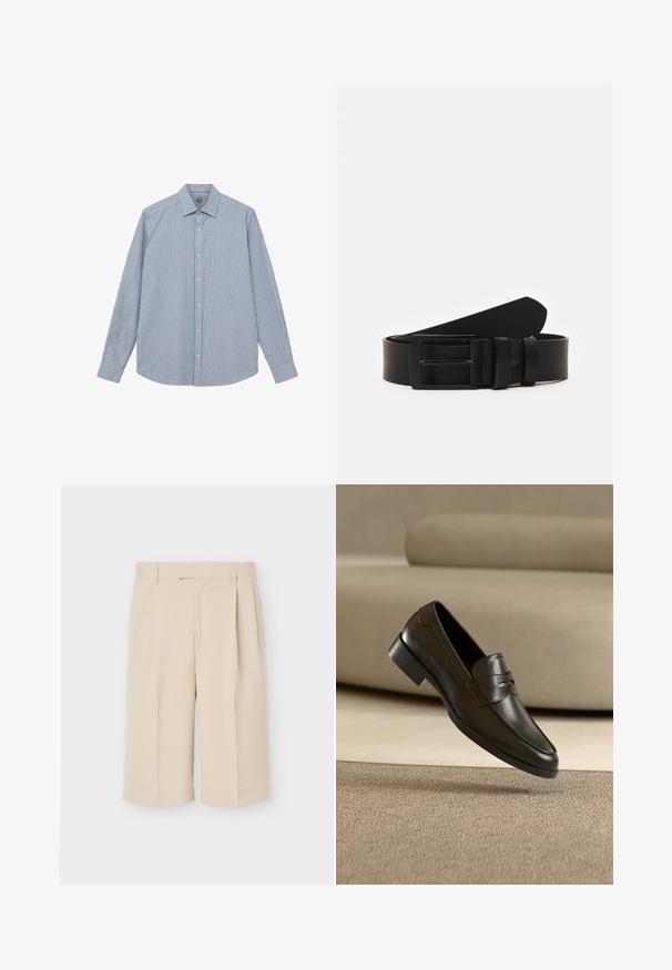 Mos Mosh Gallery Skjorter - light blue; Beige knælange skræddersyede shorts med bæltestropper og forreste folder på en ensartet lys baggrund.; Sort lædersko med slip-on design, svævende over beige tæppe med beige sofa i baggrunden, der fremhæver klassisk herrestil.; Sort læderbælte rullet med en mat sort rektangulær metalspænde og to bæltesløjfer på en hvid baggrund.