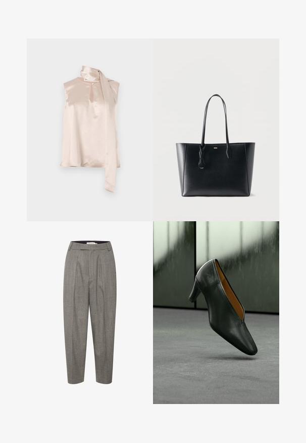 Top sans manches en satin rose pâle avec un décolleté en trou de serrure et un foulard drapé attaché à l'épaule. Texture lisse, design minimaliste.; Pantalons gris plissés en motif chevron, avec une taille plate et une jambe fuselée, fabriqués en tissu lisse.; Chaussure en cuir noire à talon moyen flottant au-dessus d’un tapis gris avec en arrière-plan une fenêtre en verre floue.; Sac fourre-tout en cuir noir avec de longues bandoulières et un petit logo doré "BOSS" sur le devant, présenté sur un fond clair uni.